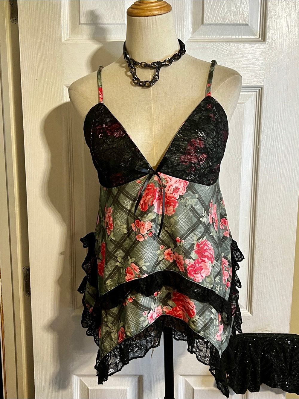 New Betsey Johnson Cotton Knit Lace Floral Plaid Asymmetric Babydoll Top L